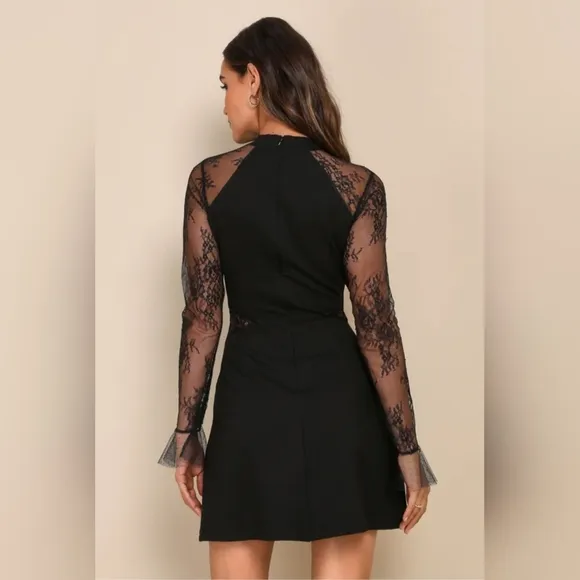 #199 Bragging Rights Black Lace Long Sleeve Skater Dress