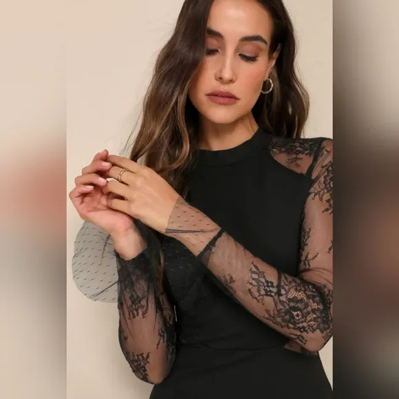 #199 Bragging Rights Black Lace Long Sleeve Skater Dress