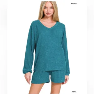 $25 107 ❤️Zenana BRUSHED RIBBED HACCI V-NECK LONG SLEEVE TEE &amp; SHORTS SET