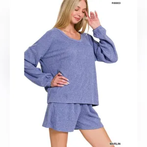 $25 5 ❤️Zenana Marlin BRUSHED RIBBED HACCI V-NECK LONG SLEEVE TEE&amp; SHORTS SET