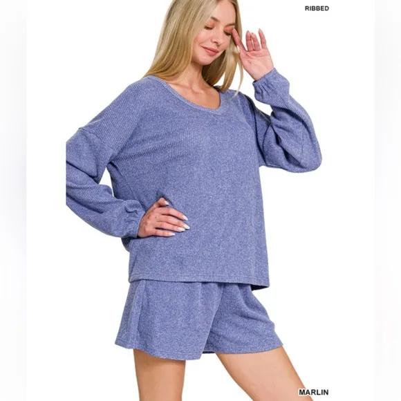 $25 5 ❤️Zenana Marlin BRUSHED RIBBED HACCI V-NECK LONG SLEEVE TEE&amp; SHORTS SET