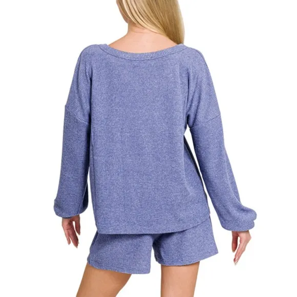 $25 5 ❤️Zenana Marlin BRUSHED RIBBED HACCI V-NECK LONG SLEEVE TEE&amp; SHORTS SET