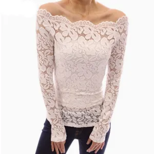 4 Colors Women Off Shoulder Slash Neck Lace Crochet Shirts Long Sleeve Slim Casual Tops Blouse