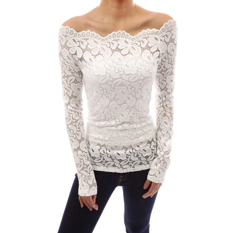 4 Colors Women Off Shoulder Slash Neck Lace Crochet Shirts Long Sleeve Slim Casual Tops Blouse