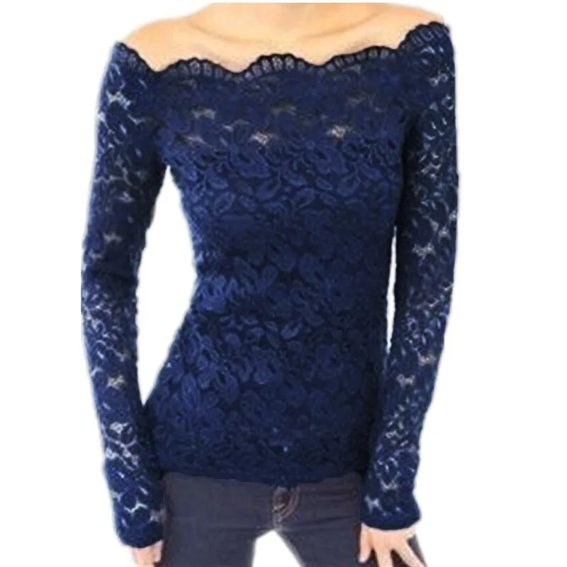 4 Colors Women Off Shoulder Slash Neck Lace Crochet Shirts Long Sleeve Slim Casual Tops Blouse