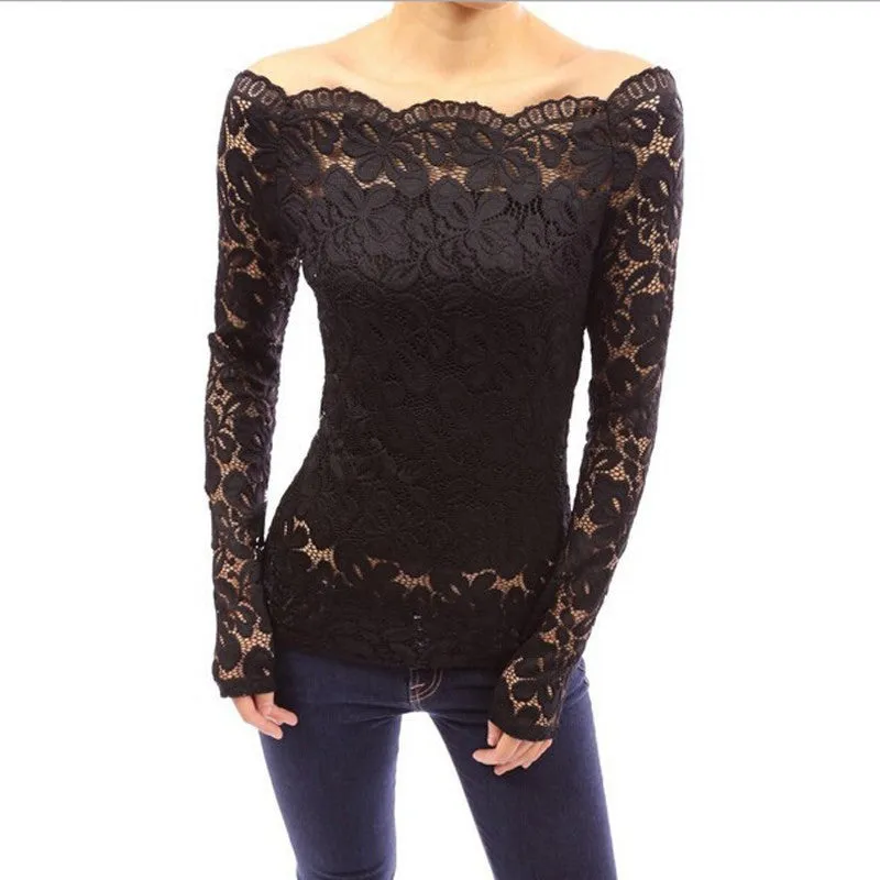 4 Colors Women Off Shoulder Slash Neck Lace Crochet Shirts Long Sleeve Slim Casual Tops Blouse