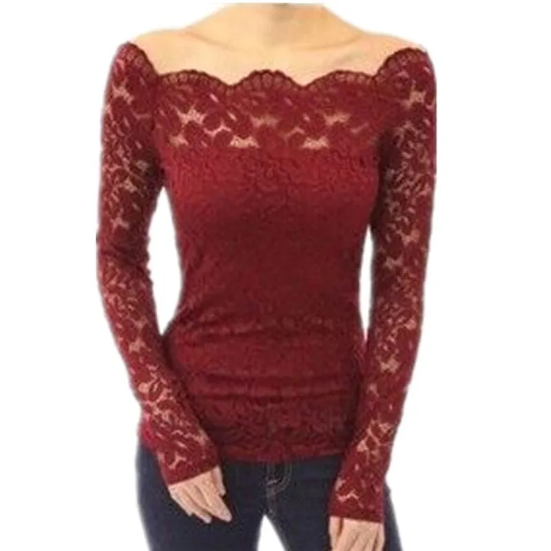 4 Colors Women Off Shoulder Slash Neck Lace Crochet Shirts Long Sleeve Slim Casual Tops Blouse