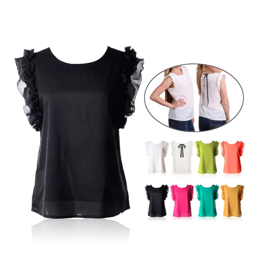 7 colors Lovely womens chiffon Ruffles fashion solid lady Tops