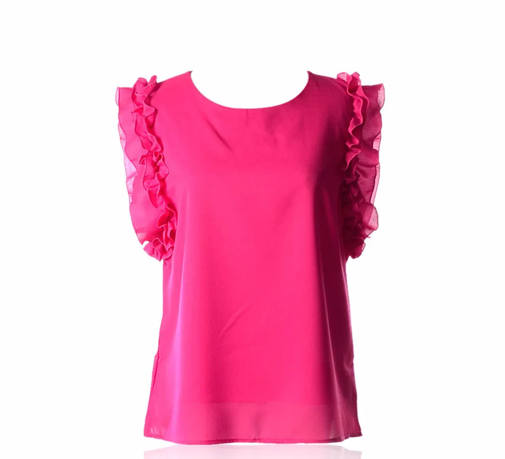 7 colors Lovely womens chiffon Ruffles fashion solid lady Tops