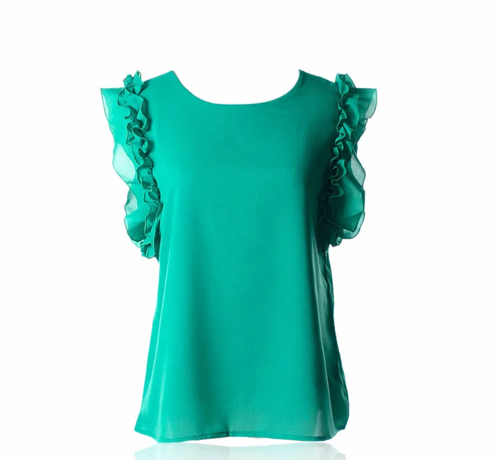 7 colors Lovely womens chiffon Ruffles fashion solid lady Tops