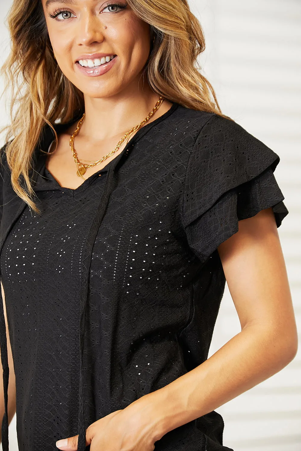 Alondra Eyelet Tie-Neck Flutter Sleeve Blouse - Online Exclusive