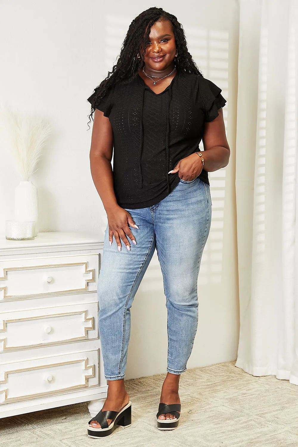 Alondra Eyelet Tie-Neck Flutter Sleeve Blouse - Online Exclusive