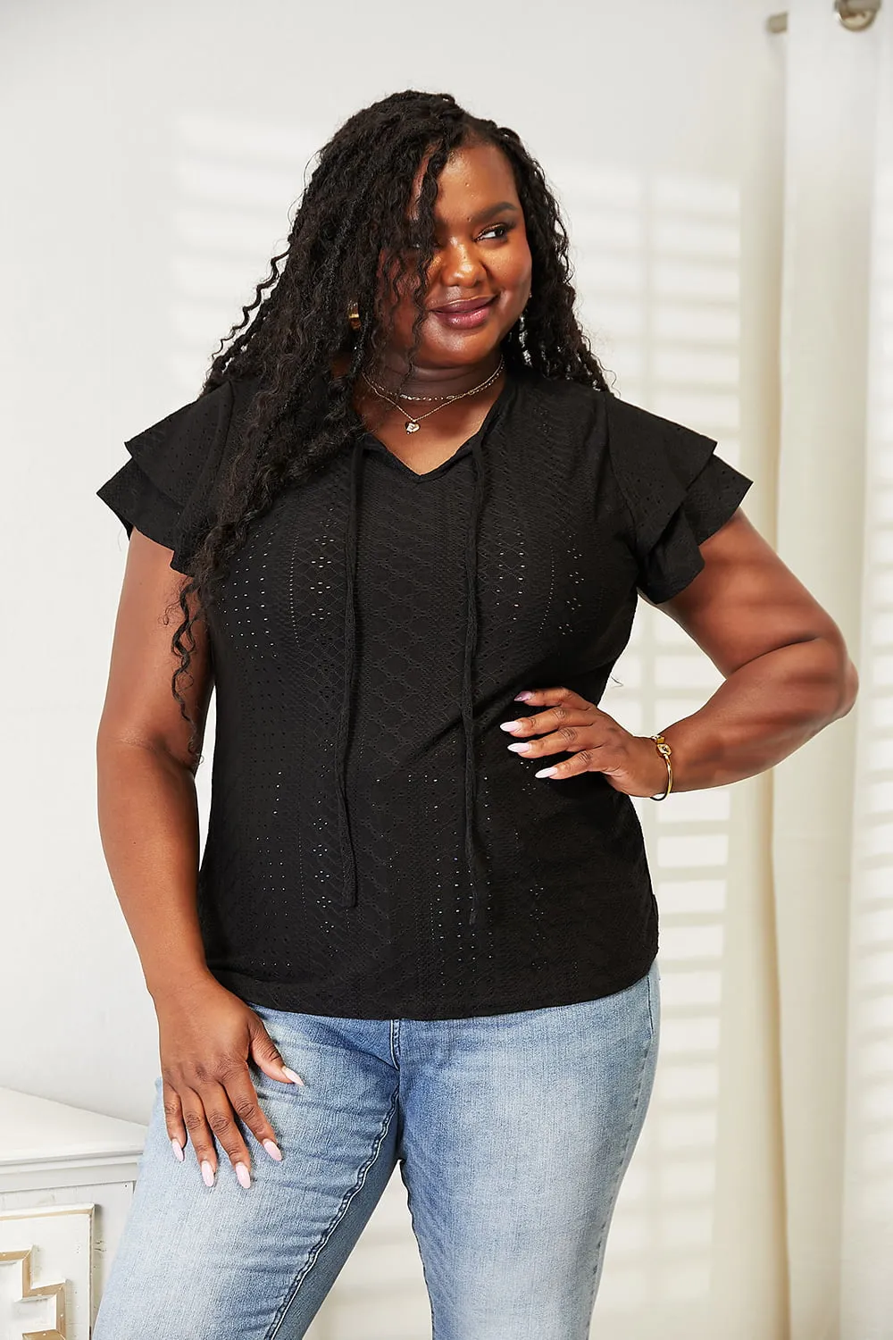 Alondra Eyelet Tie-Neck Flutter Sleeve Blouse - Online Exclusive