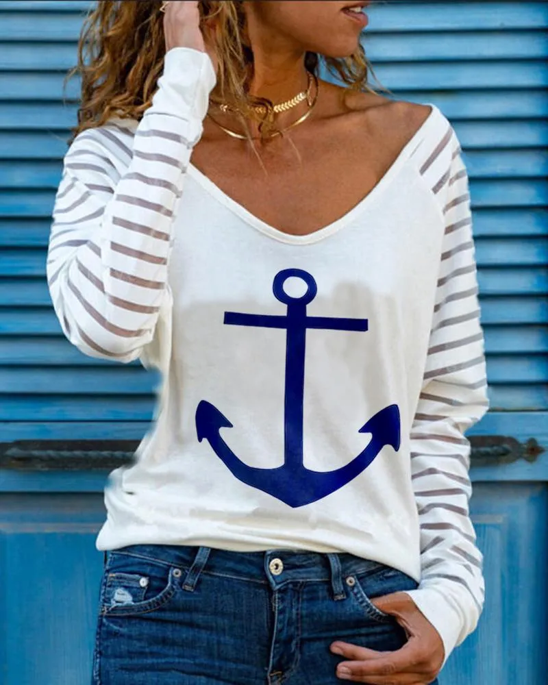 Anchor Striped Print Casual T shirt