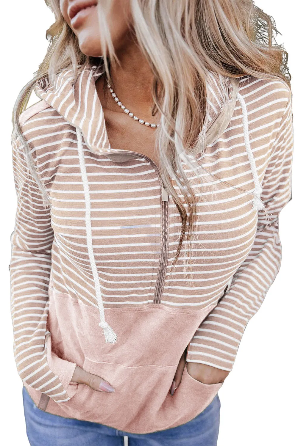 Apricot Powder Striped Color Block Patchwork Thumbhole Sleeve Hoodie