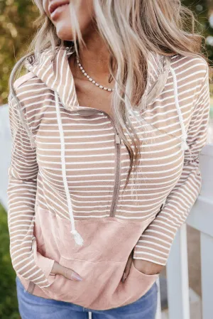Apricot Powder Striped Color Block Patchwork Thumbhole Sleeve Hoodie