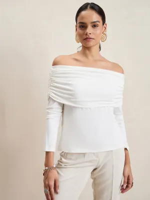 Bamboo White Knit Bandeau Ruched Detail Top