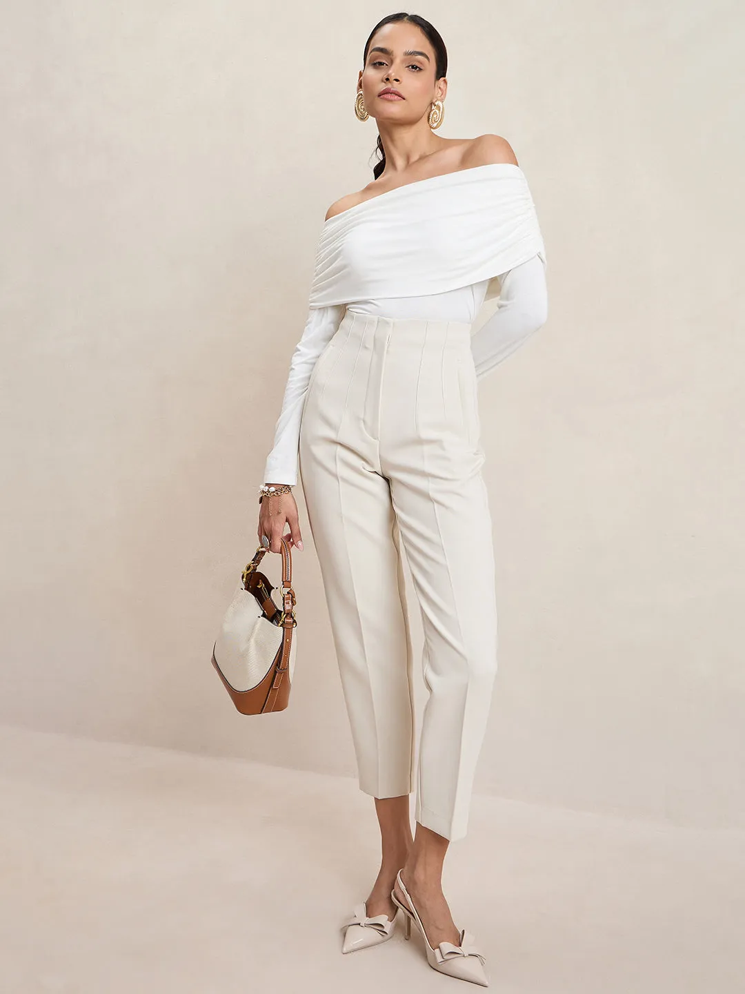 Bamboo White Knit Bandeau Ruched Detail Top