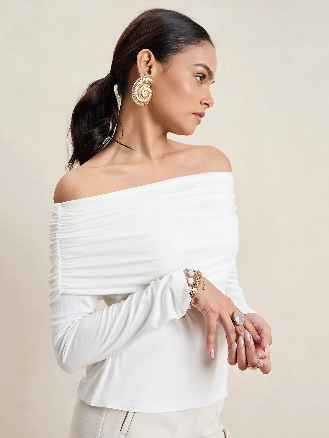 Bamboo White Knit Bandeau Ruched Detail Top