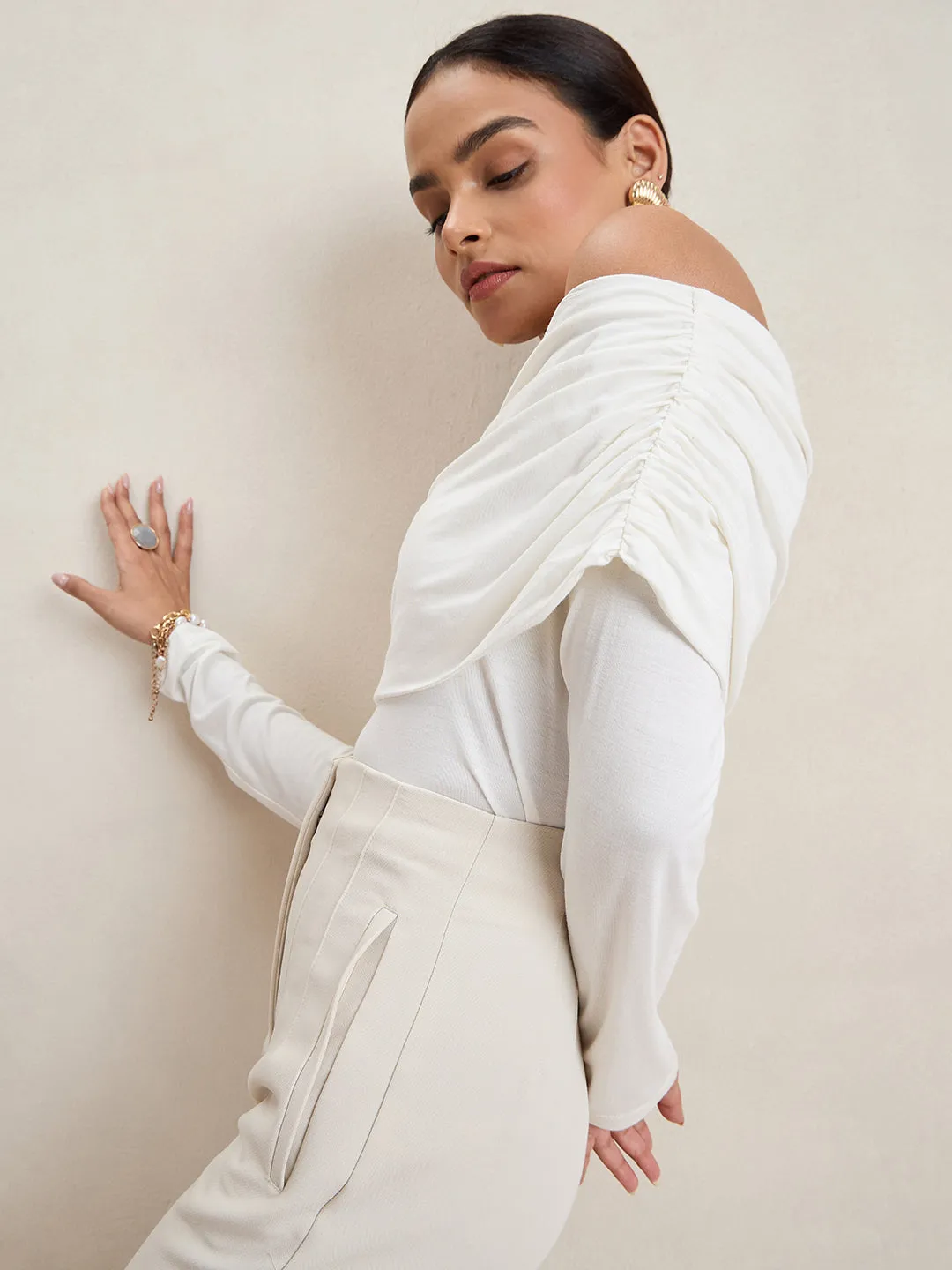 Bamboo White Knit Bandeau Ruched Detail Top
