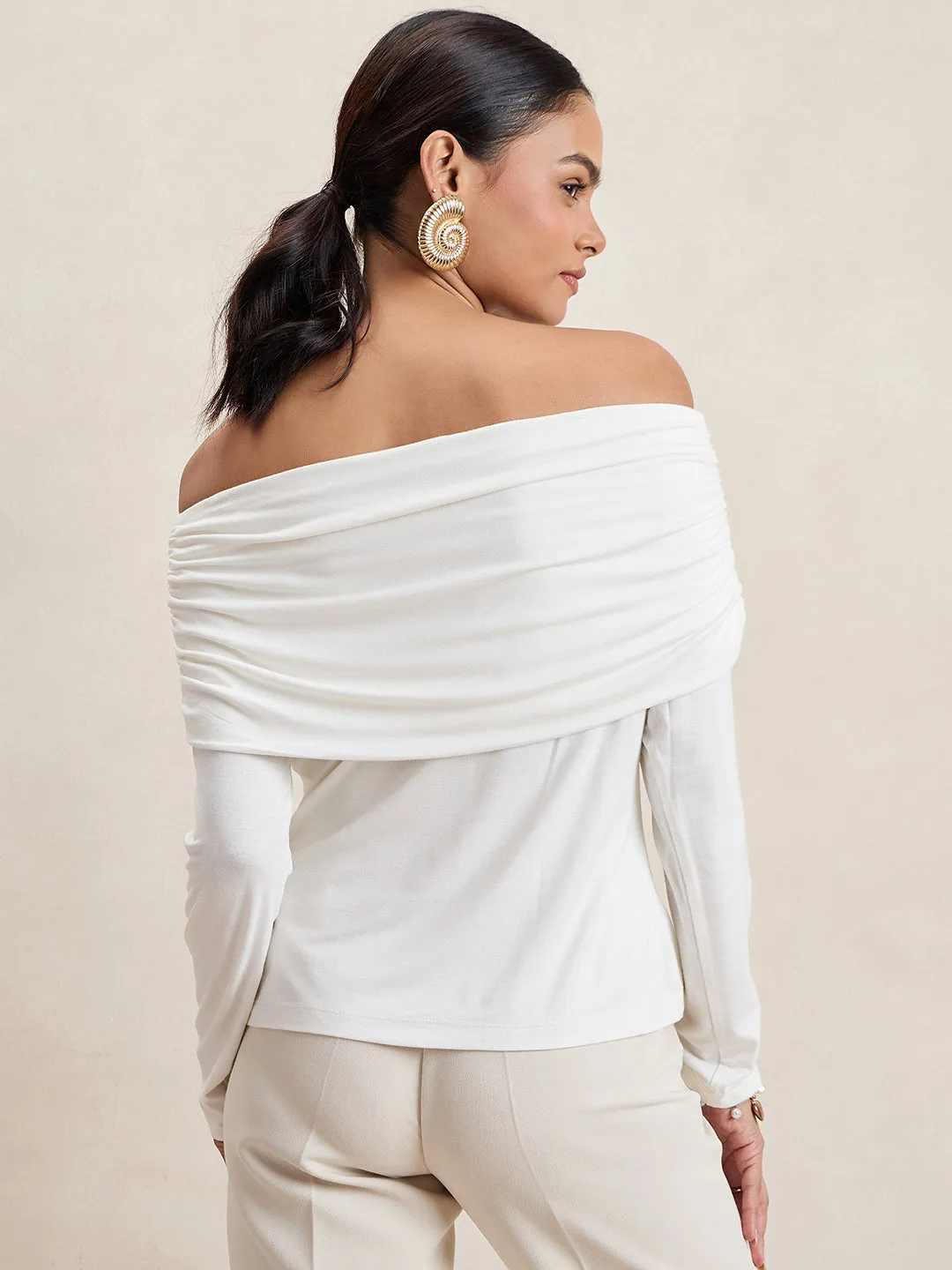 Bamboo White Knit Bandeau Ruched Detail Top