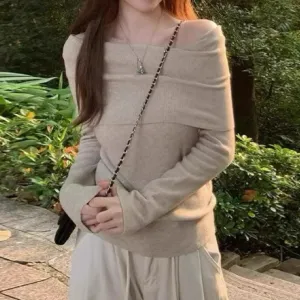 Beige One Shoulder Flat Knit Top