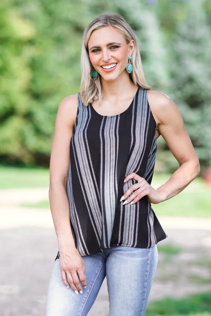 Black and Grey Stripe Criss-Cross Back Tank
