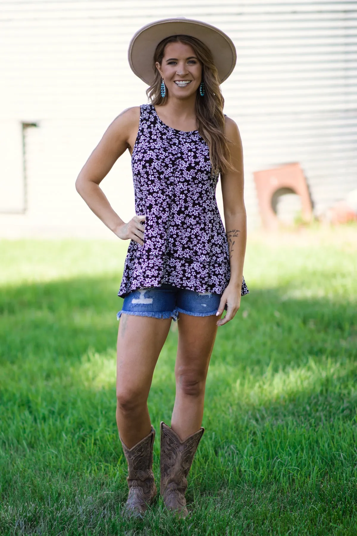 Black and White Ditsy Floral Tank