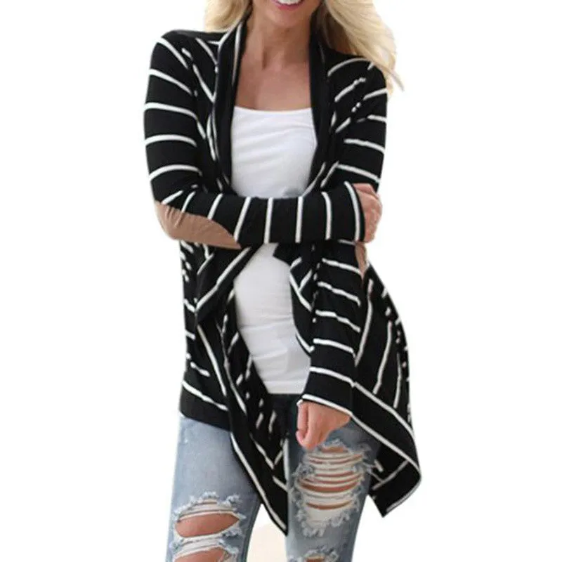 Black and White Tshirt Striped Elbow Patching PU Leather Long Sleeve Knitted Cardigan Fall Slim Spring Autumn Women Sweater