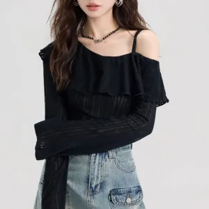 Black Cold Shoulder Frilled Top