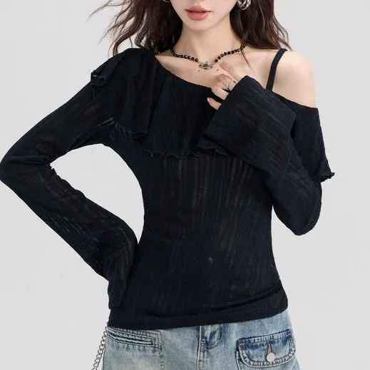 Black Cold Shoulder Frilled Top