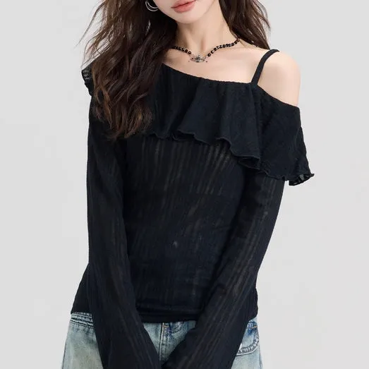 Black Cold Shoulder Frilled Top