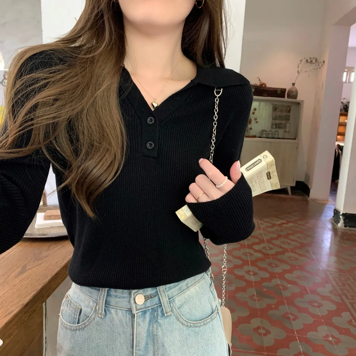 Black Collared Button Knit Top