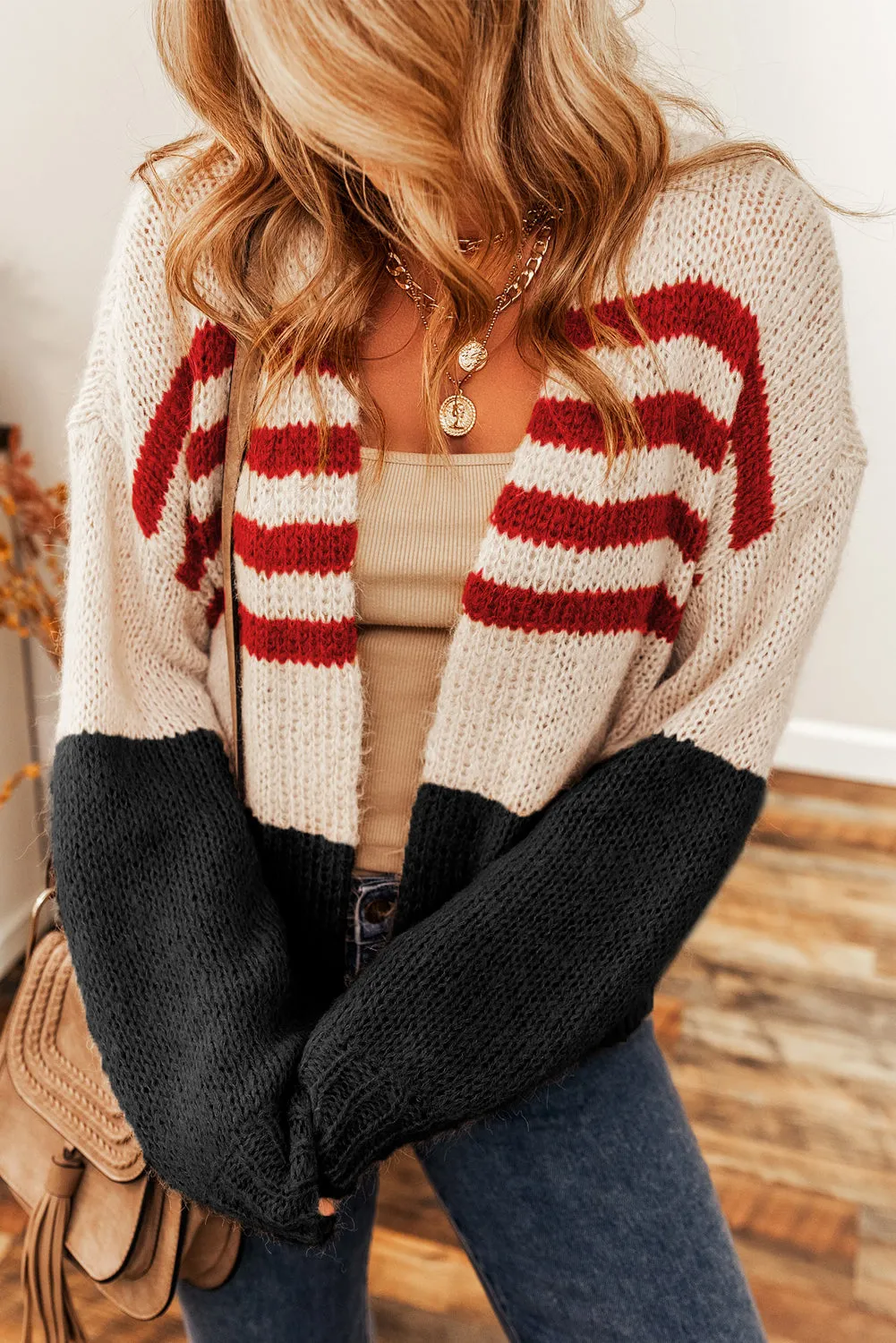 Black Colorblock Striped Open Cardigan