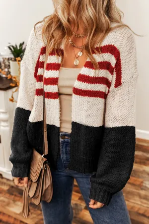 Black Colorblock Striped Open Cardigan