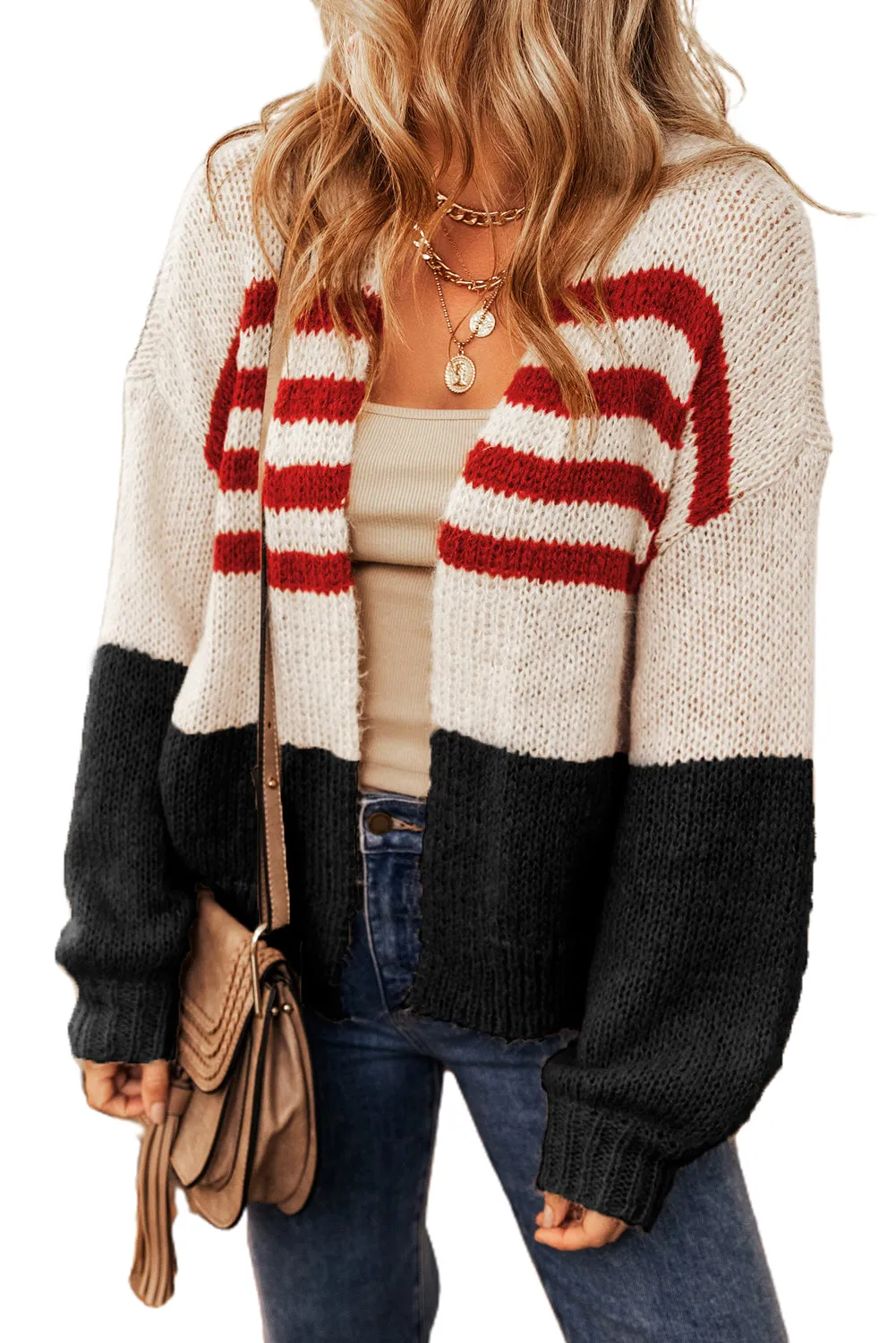 Black Colorblock Striped Open Cardigan