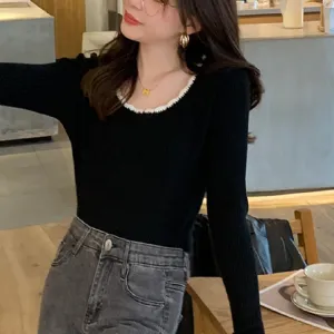 Black Contrast Scallop Rib Top