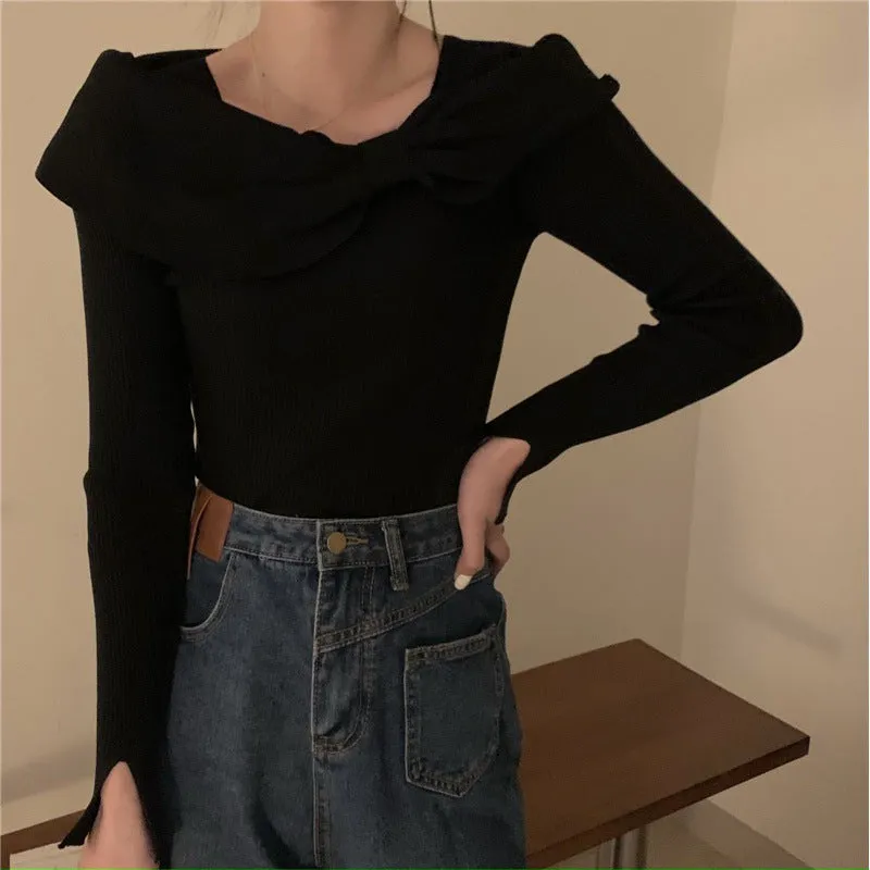 Black Flat Knit Bow Top