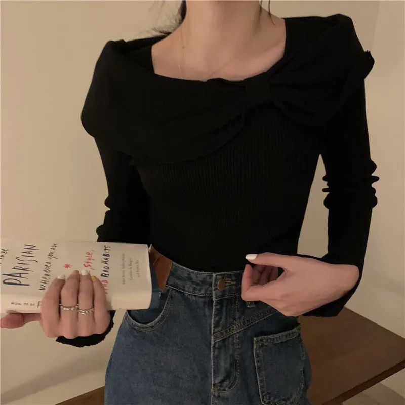 Black Flat Knit Bow Top