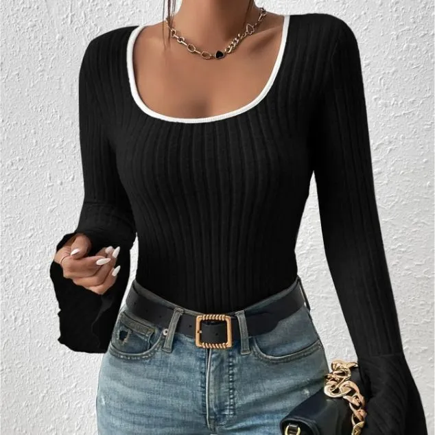 Black Flat Knit Top With Bell Sleeves