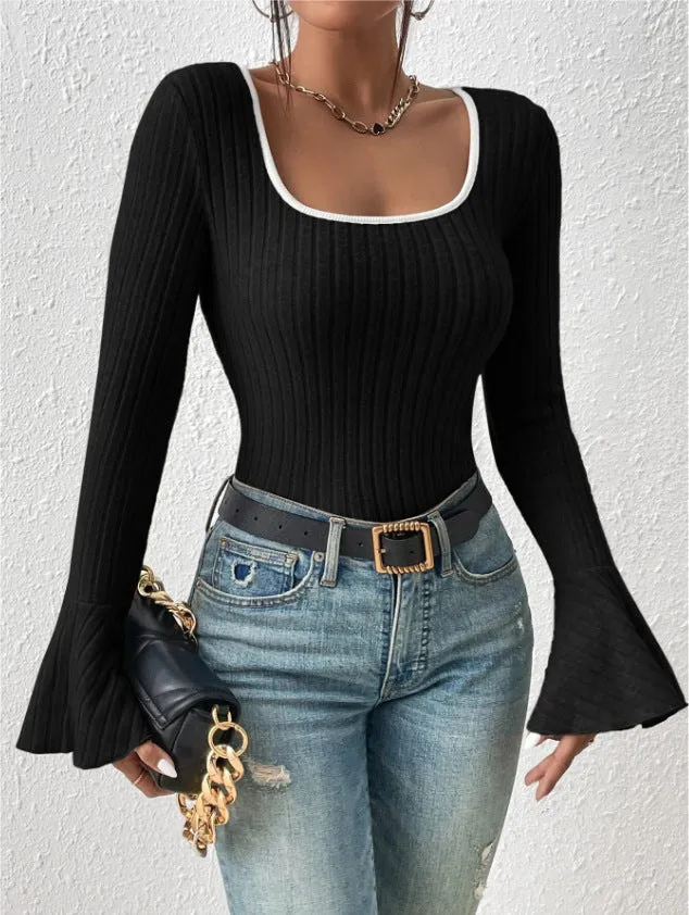 Black Flat Knit Top With Bell Sleeves