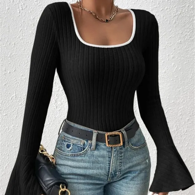 Black Flat Knit Top With Bell Sleeves