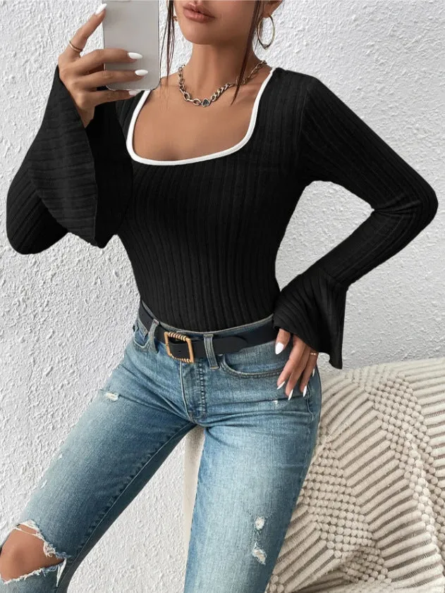 Black Flat Knit Top With Bell Sleeves