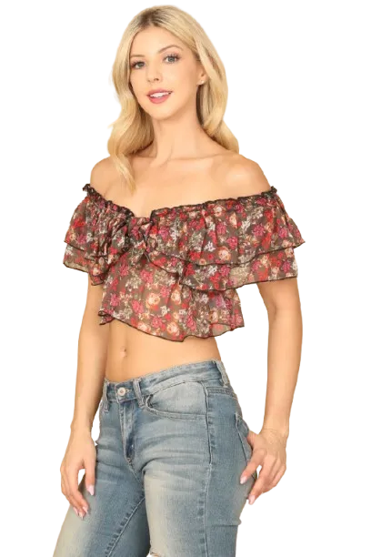 Black Floral Ruffle Off Shoulder Crop Top - Pack of 5