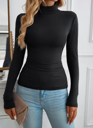 Black Hign Neck Full Sleeve Ribbed Top
