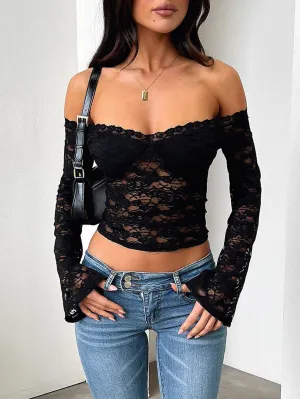 Black Off Shoulder Lace Cropped Top