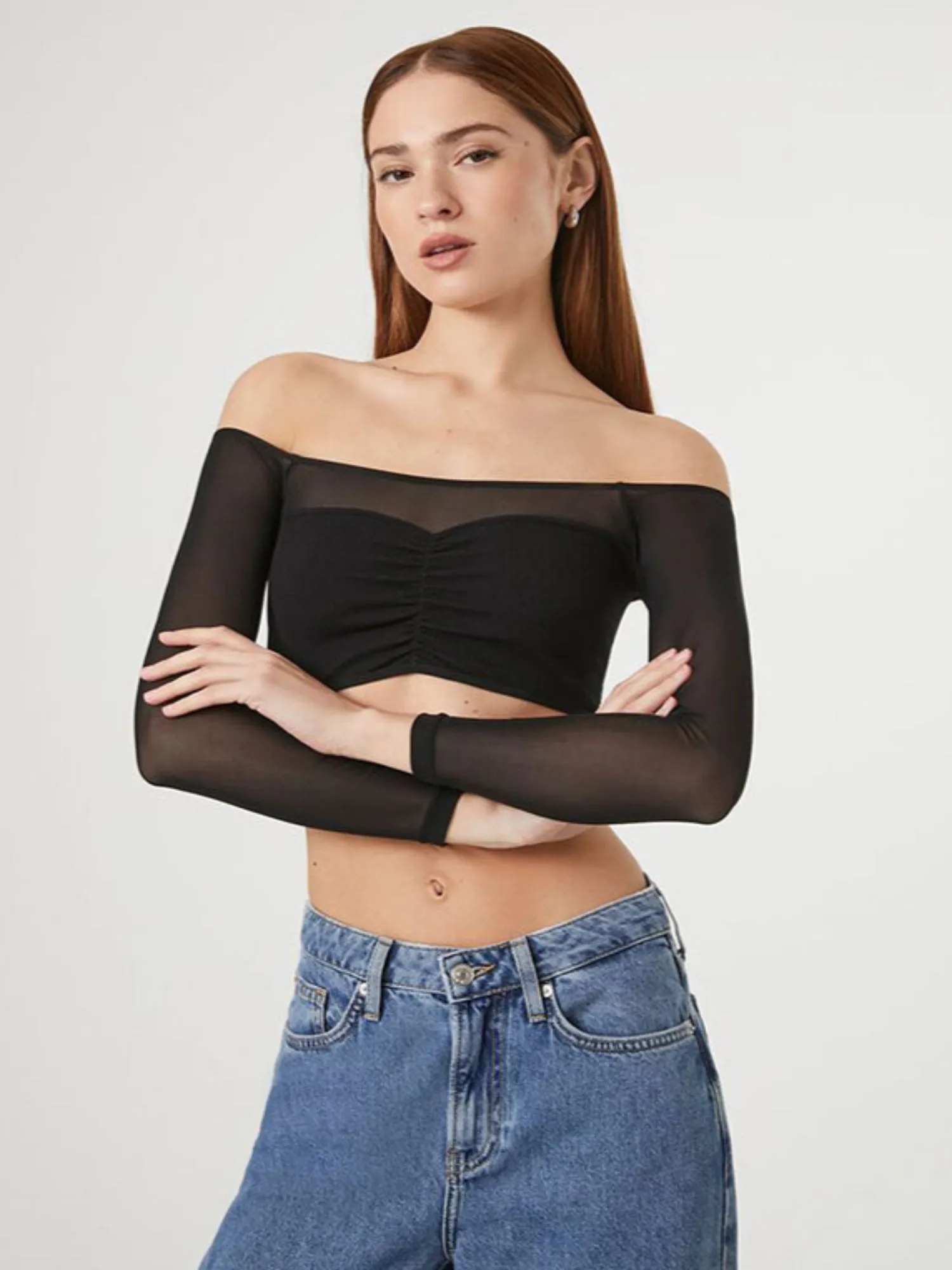 Black Off-Shoulder Smesh Top