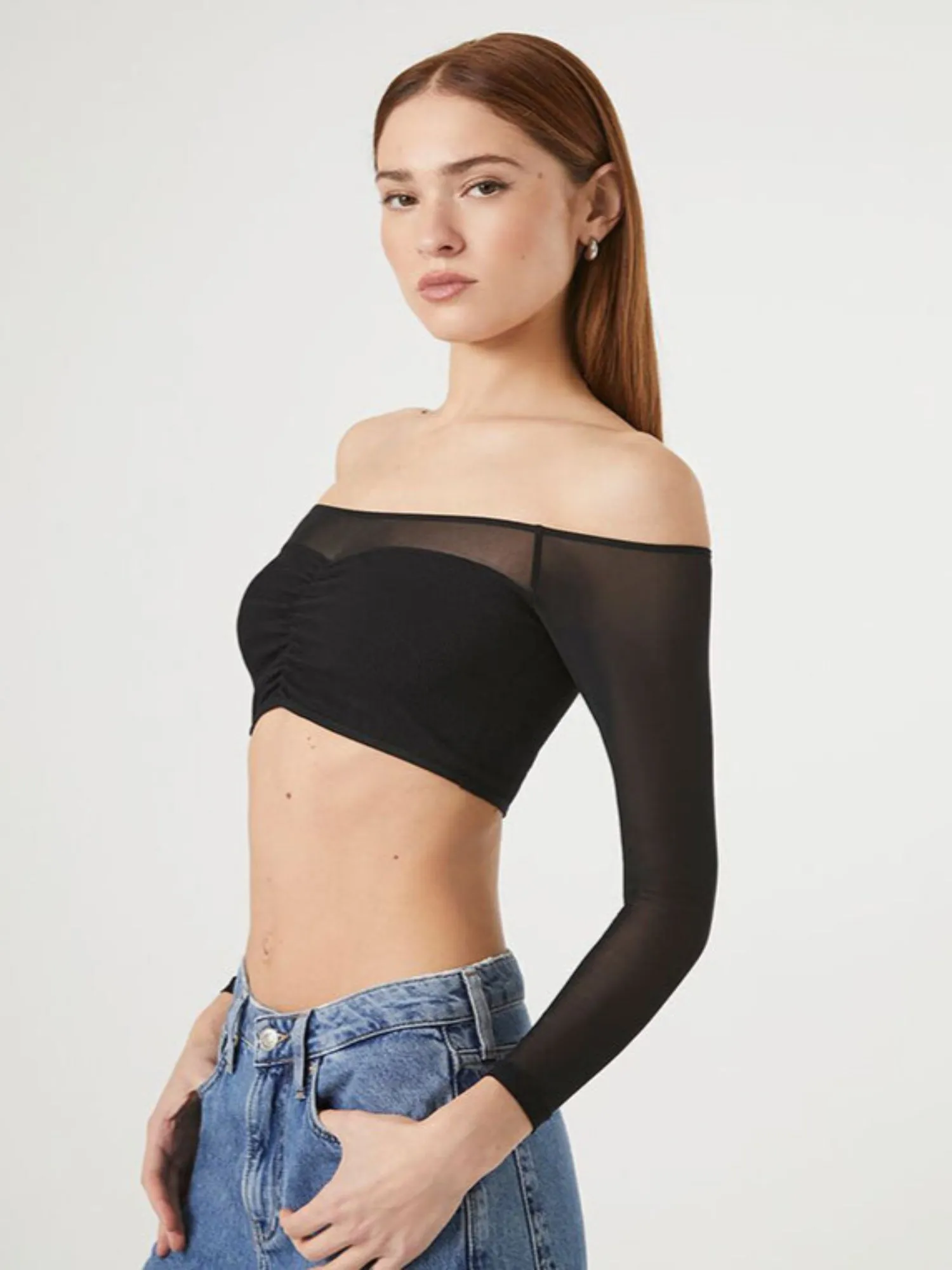Black Off-Shoulder Smesh Top