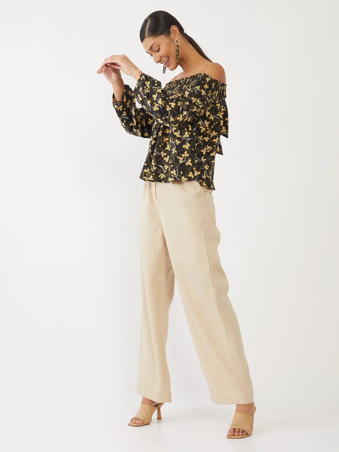 Black Printed Off-shoulder Top