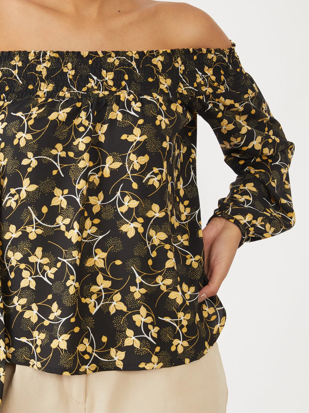 Black Printed Off-shoulder Top